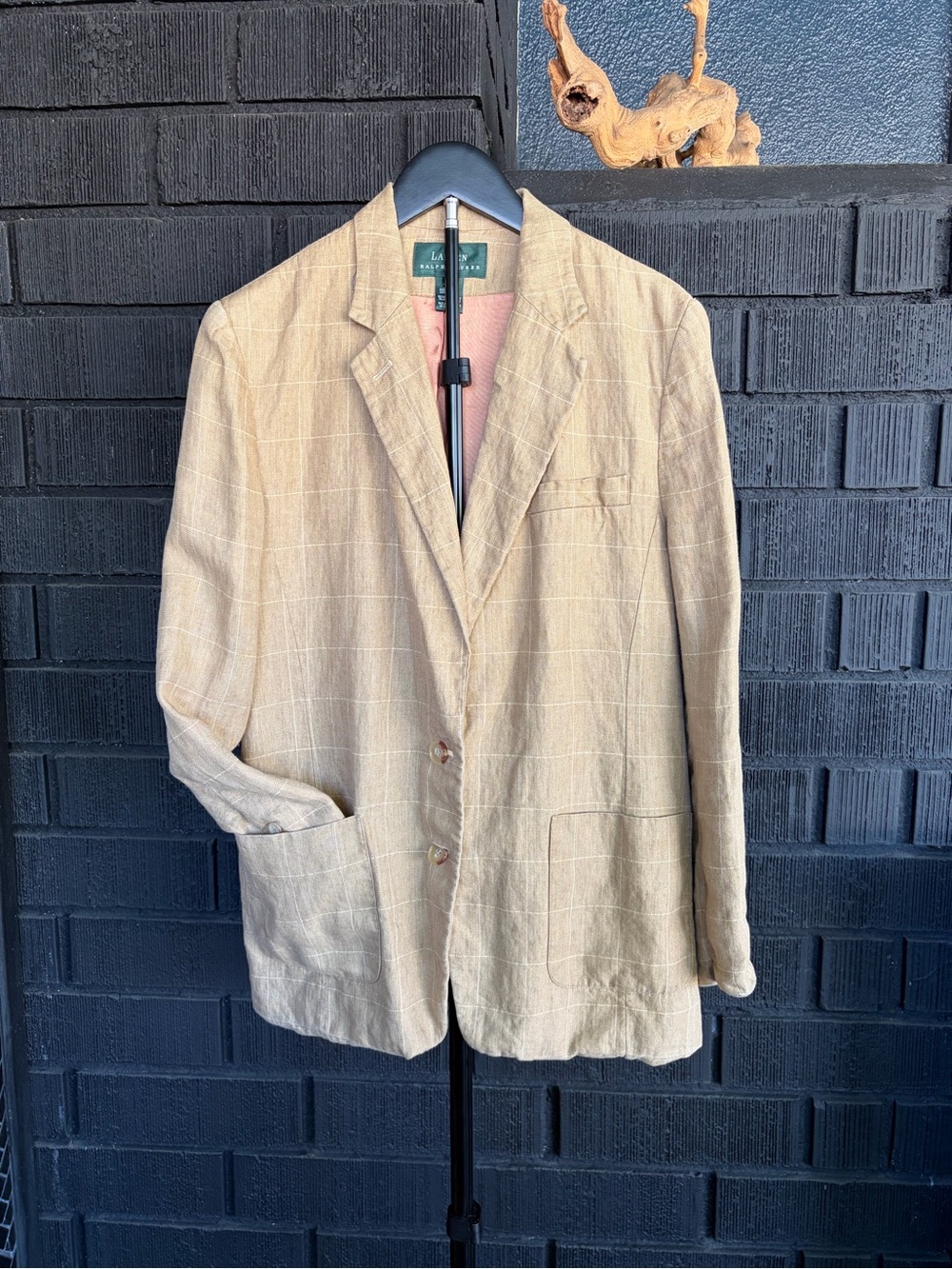Lauren Ralph Lauren Linen Blend Windowpane Blazer Size 14 Beige Tan Jacket